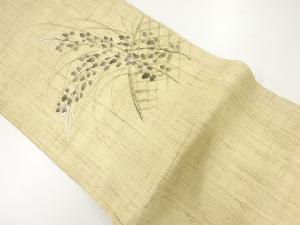 本麻手描き格子に草葉模様名古屋帯